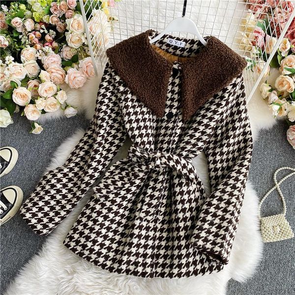women's wool & blends fashion houndstooth notched outerwear large size winter women plaid tweed thick jacket coats, Black
women's wool & blends fashion houndstooth notched outerwear large size winter women plaid tweed thick jacket coats, Black