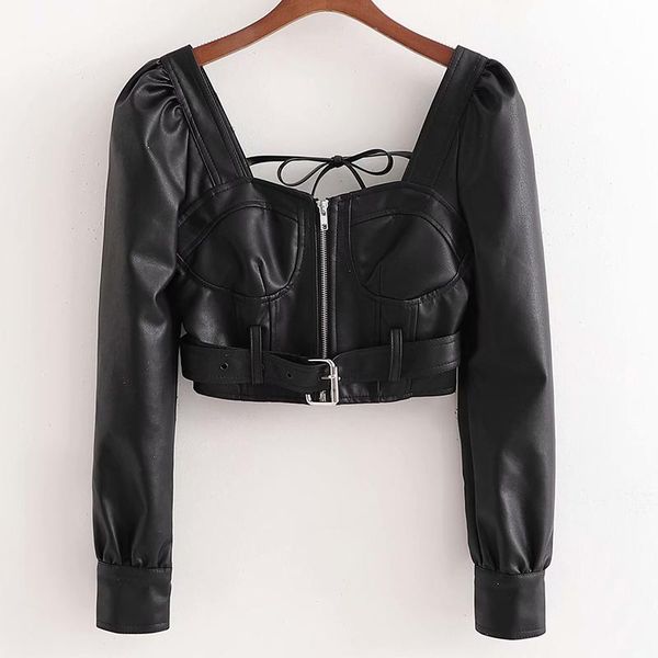 women's leather & faux locomotive style belt back lace decoration square collar zipper placket pu short cool streetwear chic top, Black
women's leather & faux locomotive style belt back lace decoration square collar zipper placket pu short cool streetwear chic top, Black