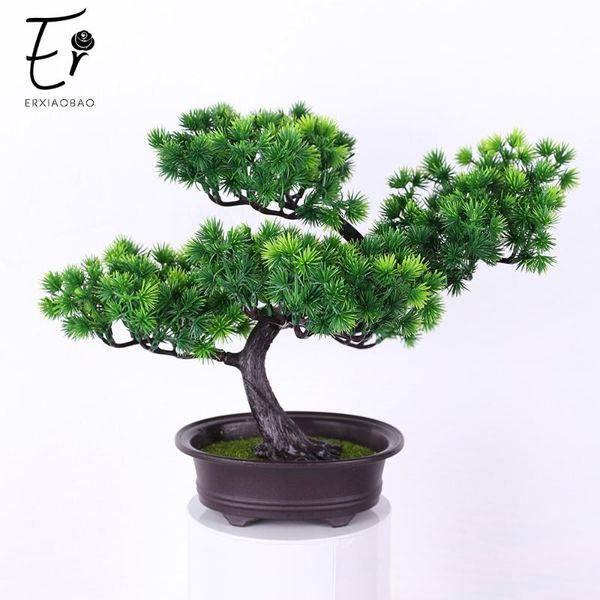 erxiaobao fake pine pp artificial tree plants with plastic pot simulation green leaf potted bonsai placed table decoration