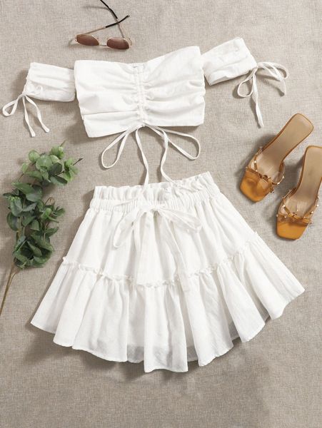 off shoulder drawstring knot ruched front shirred back & skirt set l0sj#, White
off shoulder drawstring knot ruched front shirred back & skirt set l0sj#, White