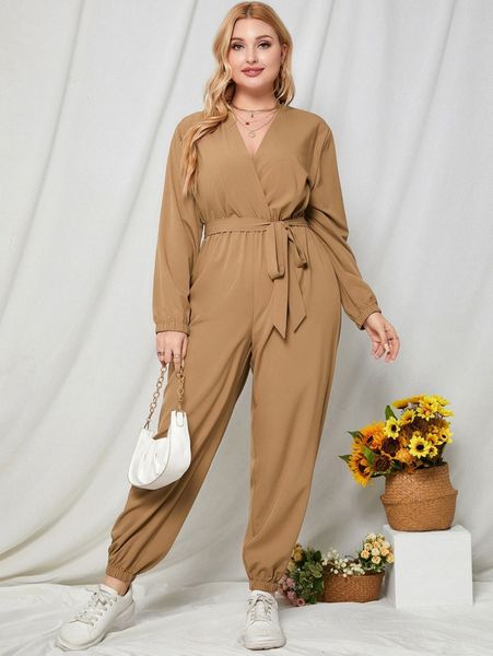 plus overlap collar belted jumpsuit 88jh#, Black