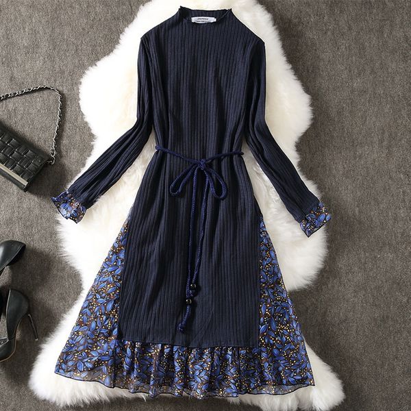 autumn winter dress women elegant blue floral print long sleeve long midi knit sweater dress high street office lady spring 201125, Black;gray 
autumn winter dress women elegant blue floral print long sleeve long midi knit sweater dress high street office lady spring 201125, Black;gray