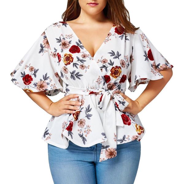 

plus size s-5xl summer women blouse v neck floral print flare sleeve belted surplice peplum and blouse blusas feminina, White