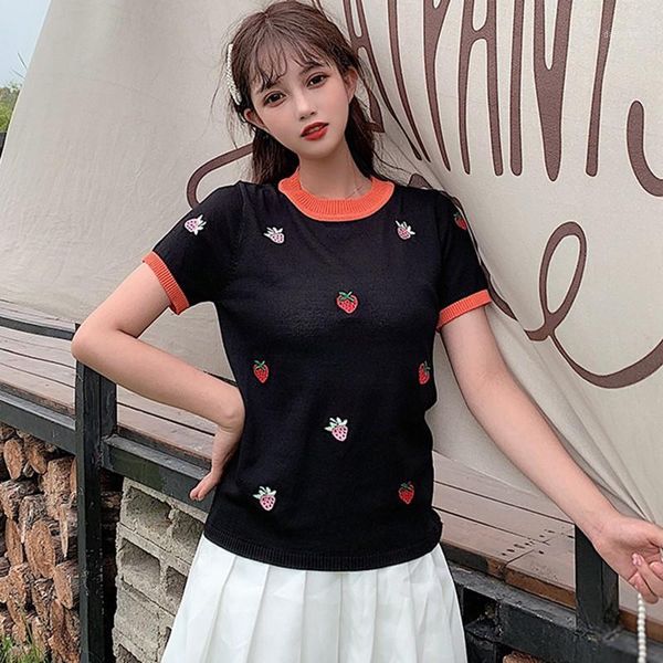 women's sweet college style casual strawberry embroidery round neck short sleeve colorblock slim pullover knitted /1, White;black
women's sweet college style casual strawberry embroidery round neck short sleeve colorblock slim pullover knitted /1, White;black