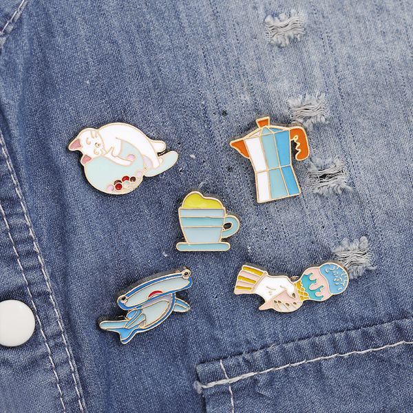 creative funny shark cat brooch set 5pcs ice cream kettle cup enamel paint badges for girls metal lapel pins shirt jewelry gift clothes acce, Gray
