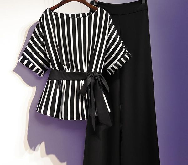 2020 new striped blouse & wide leg pants set plus size two piece set lounge wear summer clothes for women t200630, Gray
2020 new striped blouse & wide leg pants set plus size two piece set lounge wear summer clothes for women t200630, Gray