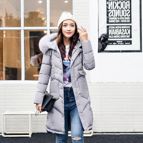 winter new women's long slim big hair collar down cotton padded jacket women, Black