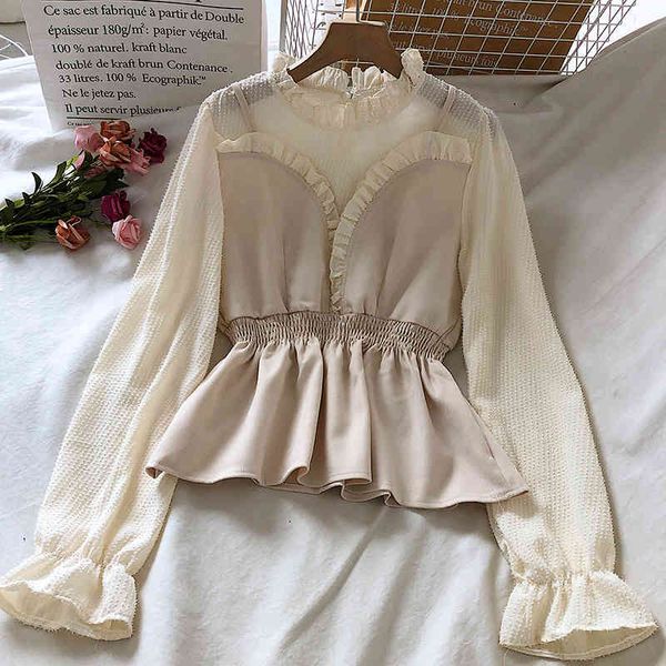 female panelled patchwork blouses ladies stand collar slim ruffle hem flare sleeve spring korea chic, White
female panelled patchwork blouses ladies stand collar slim ruffle hem flare sleeve spring korea chic, White