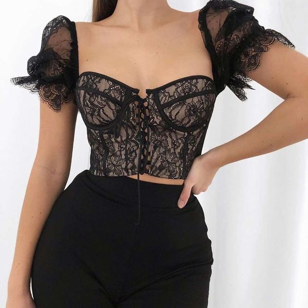 women's new 2020 spring fashion bandage bubble sleeve lace top, White 
women's new 2020 spring fashion bandage bubble sleeve lace top, White