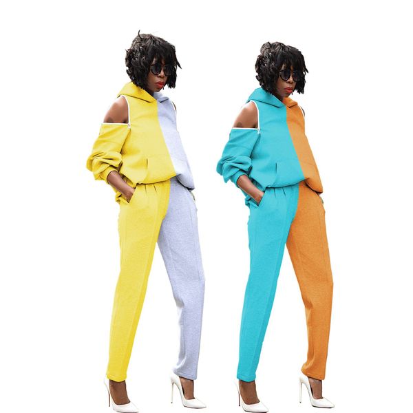 women strapless patchwork clothing suit loose long sleeve pullover hoodies casual trousers famale two piece pants, White
women strapless patchwork clothing suit loose long sleeve pullover hoodies casual trousers famale two piece pants, White