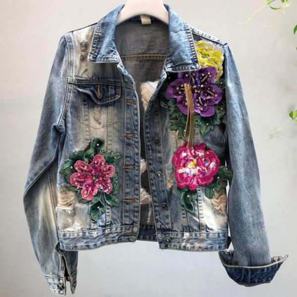 new autumn women heavy flower embroidered pearl beading denim jacket casual holes loose jeans coat, Black;brown
new autumn women heavy flower embroidered pearl beading denim jacket casual holes loose jeans coat, Black;brown