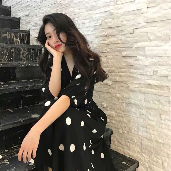 french languid chic wave dot black hong kong style dress beach skirt 8676, Black;gray
french languid chic wave dot black hong kong style dress beach skirt 8676, Black;gray