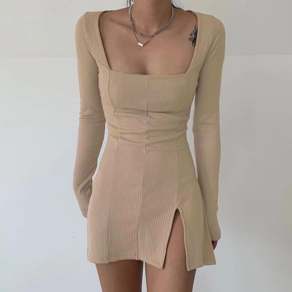 side split square collar long sleeve spring dress women knitted bodycon party clubwear mini dresses 2021, Black;gray
side split square collar long sleeve spring dress women knitted bodycon party clubwear mini dresses 2021, Black;gray