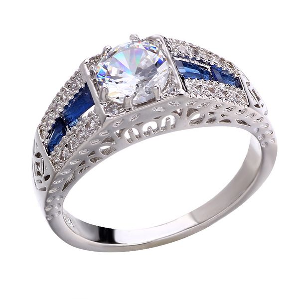 in europe and america white gold plated hollow princess ring new square sapphire round diamond ring, Silver
in europe and america white gold plated hollow princess ring new square sapphire round diamond ring, Silver