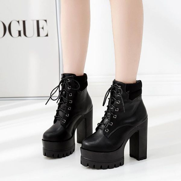 lady boots booties woman 2020 low heel shoes boots-women round toe clogs platform ladies mid calf lolita rock rubber, Black