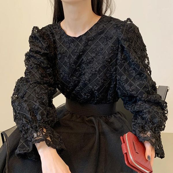 women's blouses & shirts autumn 2021 korean chic dark black round neck three-dimensional flower shirt gx13211, White
women's blouses & shirts autumn 2021 korean chic dark black round neck three-dimensional flower shirt gx13211, White