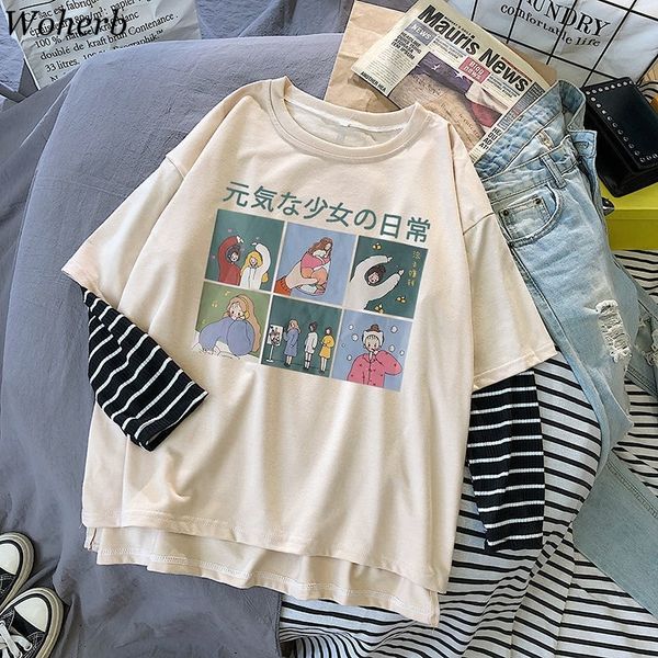 woherb kawaii cartoon print patchwork t-shirt women fake 2 pieces striped long sleeve t shirts loose harajuku tees summer t200614, White
woherb kawaii cartoon print patchwork t-shirt women fake 2 pieces striped long sleeve t shirts loose harajuku tees summer t200614, White