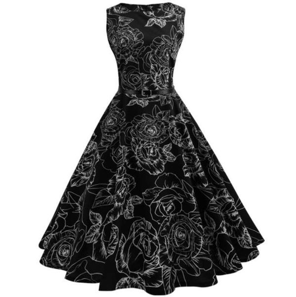slim hepburn style 50s waistband shows and big black dress with belt, Black;gray