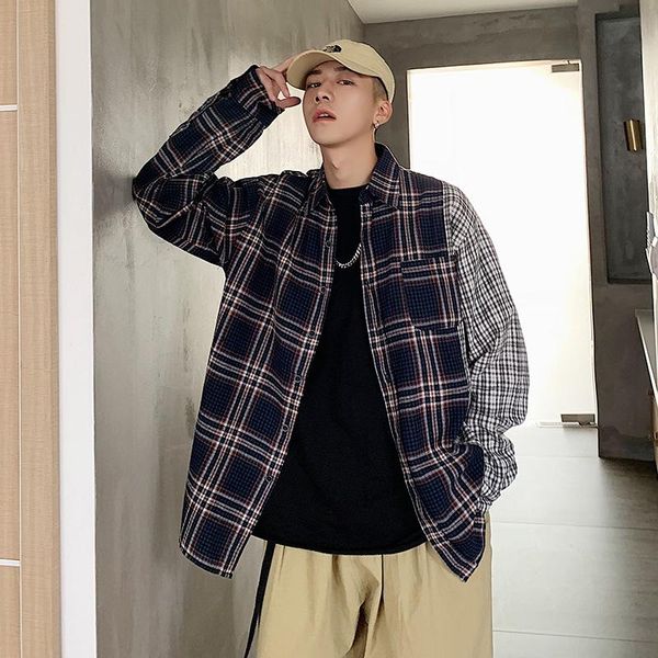 men's casual shirts spring plaid long sleeve color block shirt hong kong style young men loose, White;black
men's casual shirts spring plaid long sleeve color block shirt hong kong style young men loose, White;black
