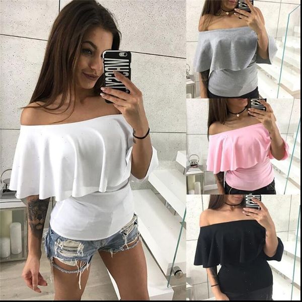 summer ruffle shirts off shoulder one collar female blouse fashion tees fashion slim solid color shirt, White
summer ruffle shirts off shoulder one collar female blouse fashion tees fashion slim solid color shirt, White