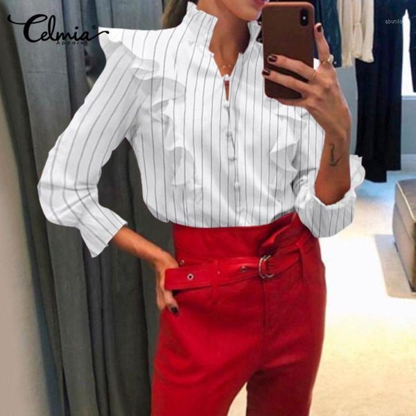 women's blouses & shirts oversized tunic women celmia fashion long flare sleeve ruffles casual stand collar shirt ladies striped blusa, White
women's blouses & shirts oversized tunic women celmia fashion long flare sleeve ruffles casual stand collar shirt ladies striped blusa, White