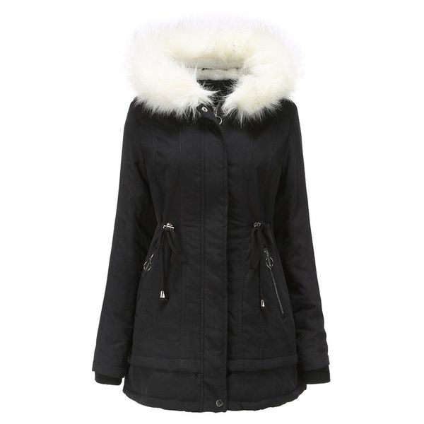winter fashion women coat long hooded white fur collar warm and velvet cold jacket cotton clothing kg-141, Black 
winter fashion women coat long hooded white fur collar warm and velvet cold jacket cotton clothing kg-141, Black