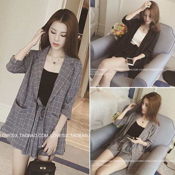 new women's nine-quarter sleeve plaid suit coat shorts coatthin coat with fashionable elastic waist loose shorts three-piece suit bze1a, Gray
new women's nine-quarter sleeve plaid suit coat shorts coatthin coat with fashionable elastic waist loose shorts three-piece suit bze1a, Gray