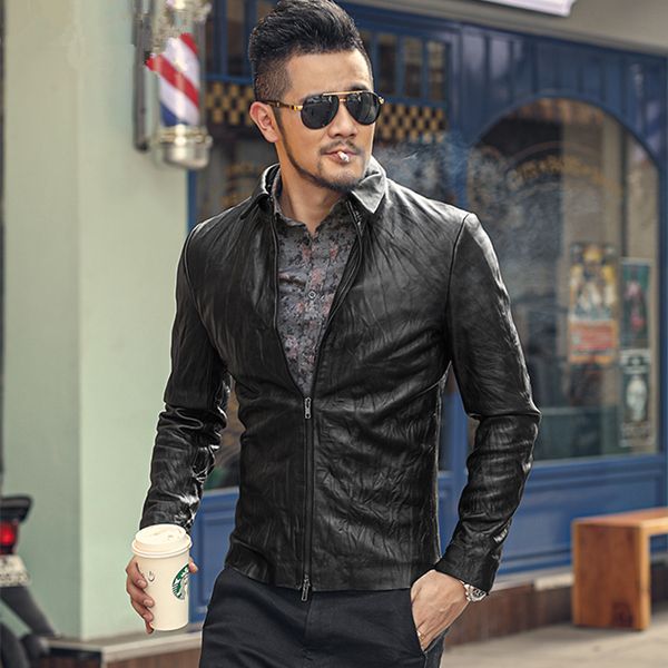2021 the new vintage worn lambskin male lapel shirt fine sheep leather jacket fgz0, Black
2021 the new vintage worn lambskin male lapel shirt fine sheep leather jacket fgz0, Black
