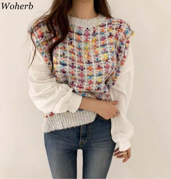 woherb fake 2 piece women sweater shirts elegant plaid knitted pullovers patchwork white puff sleeve blouse korean fashion 201031, White;black
woherb fake 2 piece women sweater shirts elegant plaid knitted pullovers patchwork white puff sleeve blouse korean fashion 201031, White;black