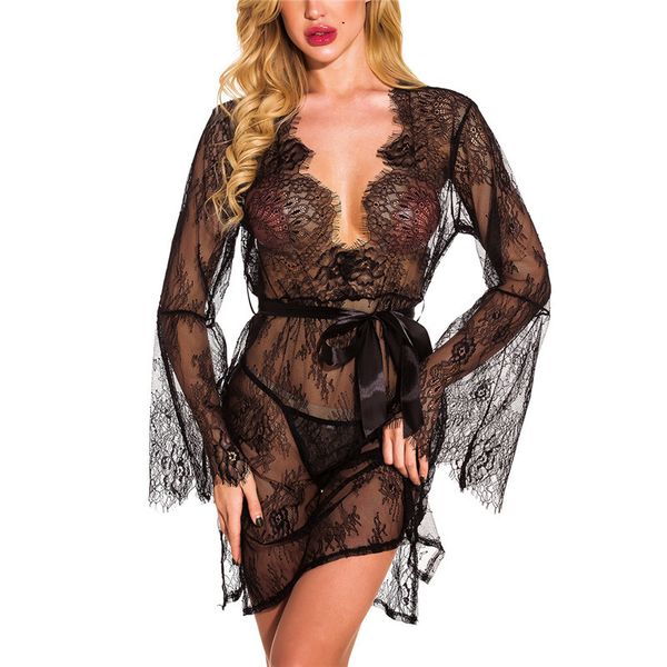 women lingerie long sleeve lace see-through robe nightwear sleepwear clothes, Black;white
women lingerie long sleeve lace see-through robe nightwear sleepwear clothes, Black;white