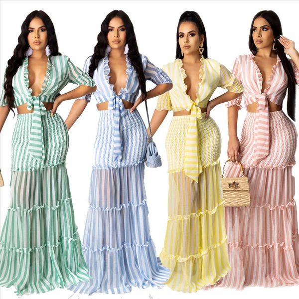 women 2 piece set striped print tie up v neck crop cascading ruffles maxi skirt suit vintage elegant long dress, Gray
women 2 piece set striped print tie up v neck crop cascading ruffles maxi skirt suit vintage elegant long dress, Gray