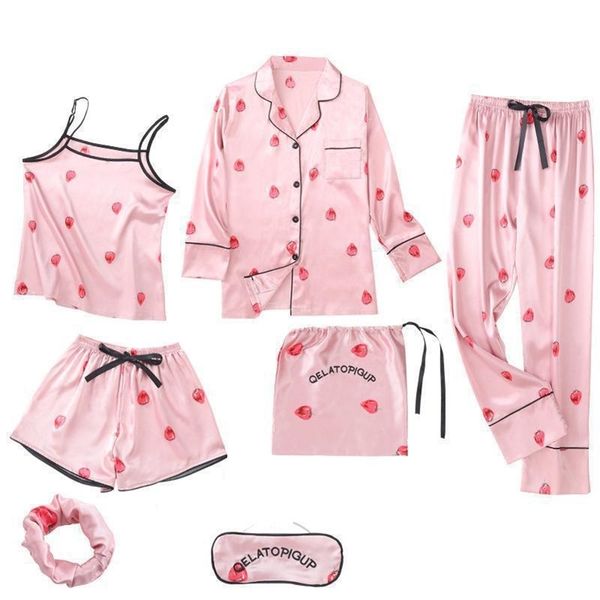 women 7pcs strap pants pajamas suit soft print flower sleepwear nightwear sleep set casual bathrobe lougne home clothes y200708, Black;red
women 7pcs strap pants pajamas suit soft print flower sleepwear nightwear sleep set casual bathrobe lougne home clothes y200708, Black;red