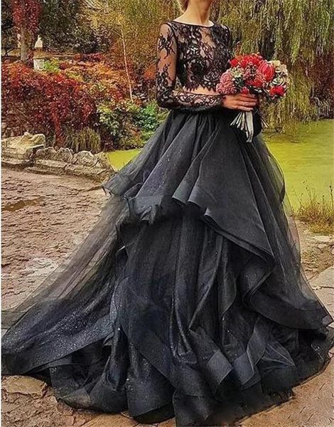 2021 forest black gothic two pieces wedding dresses jewel neck illusion full sleeve wedding gowns with tiered ruffles country style, White
2021 forest black gothic two pieces wedding dresses jewel neck illusion full sleeve wedding gowns with tiered ruffles country style, White