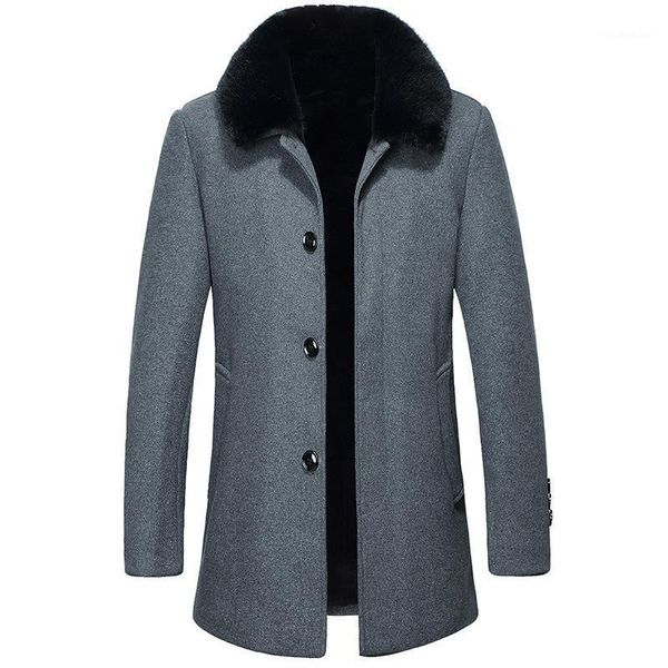 2020 new medium long woollen hommes manteaux detachable fur collar winter jacket men1, Black