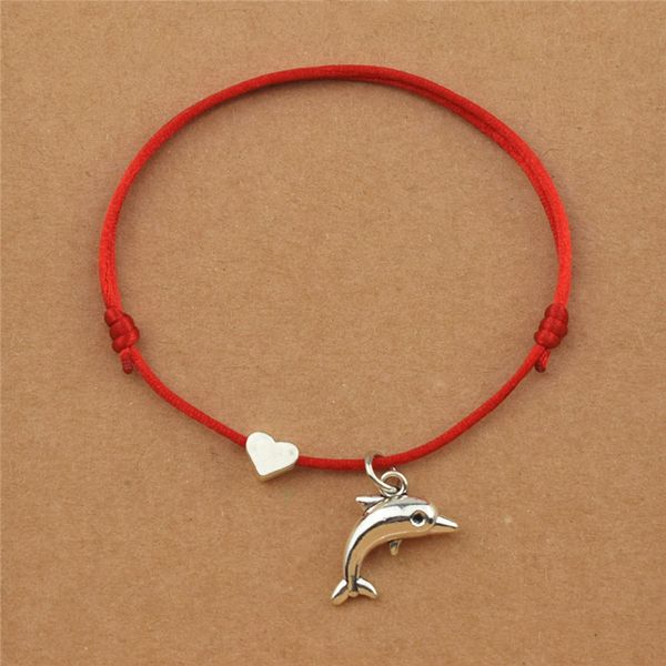 personality sea animal dolphin charm heart red string cords adjustable bracelets for women men friend dolphin jewelry gifts, Golden;silver