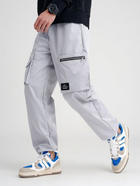 men slogan patched detail utility pocket pants g3ee#, Black