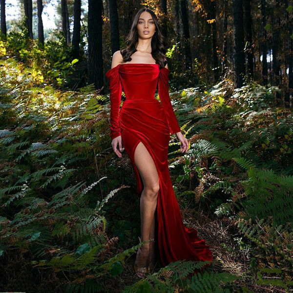 2022 modest red velvet mermaid special occasion evening dress long sleeve party dresses side split dubai prom gowns, Black
2022 modest red velvet mermaid special occasion evening dress long sleeve party dresses side split dubai prom gowns, Black