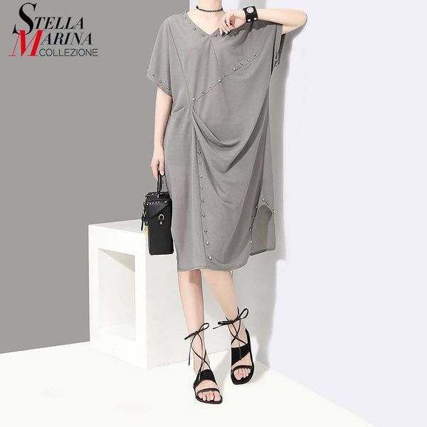 new 2018 korean style short sleeve women solid gray black dress with rivets v neck knee length female casual wear dresses 71051, Black;gray
new 2018 korean style short sleeve women solid gray black dress with rivets v neck knee length female casual wear dresses 71051, Black;gray