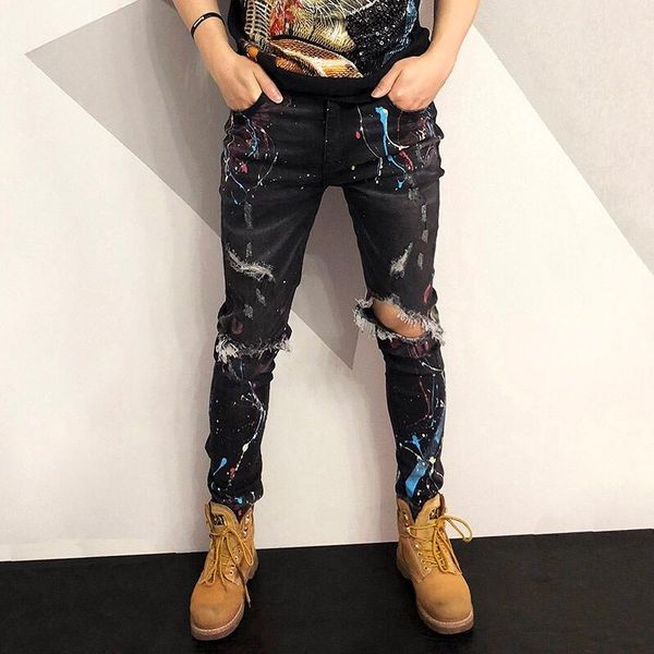 men's jeans spring and summer broken ink spray-painted slim male europe the united states beggar pants, Blue
men's jeans spring and summer broken ink spray-painted slim male europe the united states beggar pants, Blue