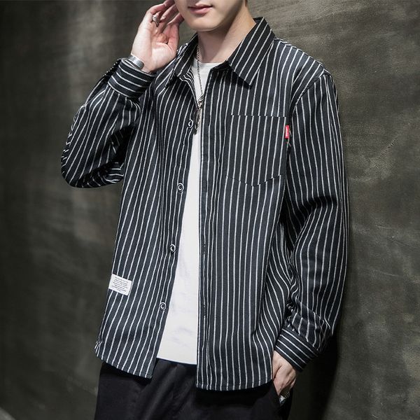 autumn fashion brand long sleeve men's loose ins cardigan stripe shirt coat, White;black
autumn fashion brand long sleeve men's loose ins cardigan stripe shirt coat, White;black