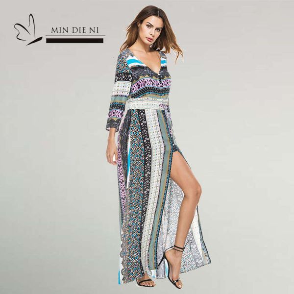 sleeve bohemian style floral v-neck long split seaside holiday dress, Black;gray