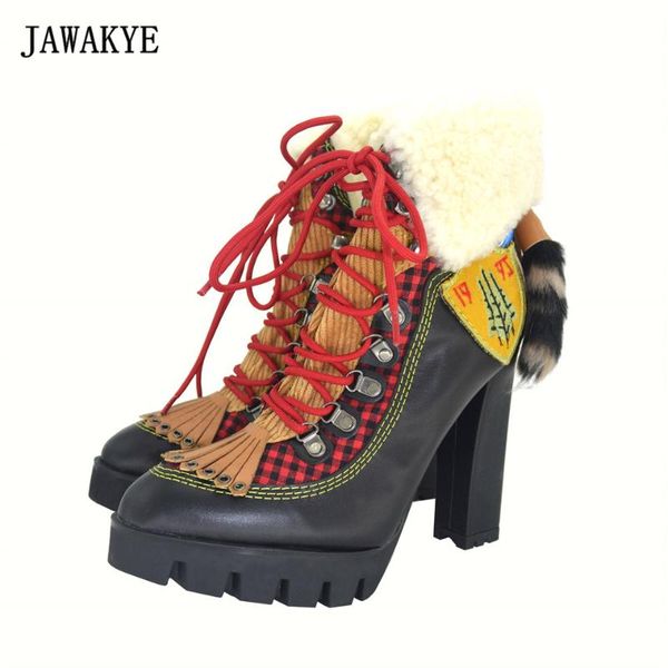 jawakye winter new chunky high heel platform ankle boots women wool fur leather lace up snow boots women motorcycle, Black
jawakye winter new chunky high heel platform ankle boots women wool fur leather lace up snow boots women motorcycle, Black