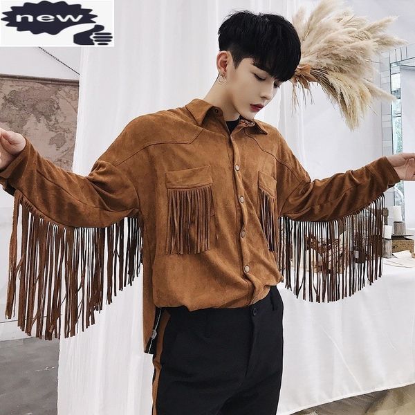 harajuka personality tassel mens suede fashion single breasted long sleeve lapel pockets male shirts coats camisas hombre c1210, White;black
harajuka personality tassel mens suede fashion single breasted long sleeve lapel pockets male shirts coats camisas hombre c1210, White;black