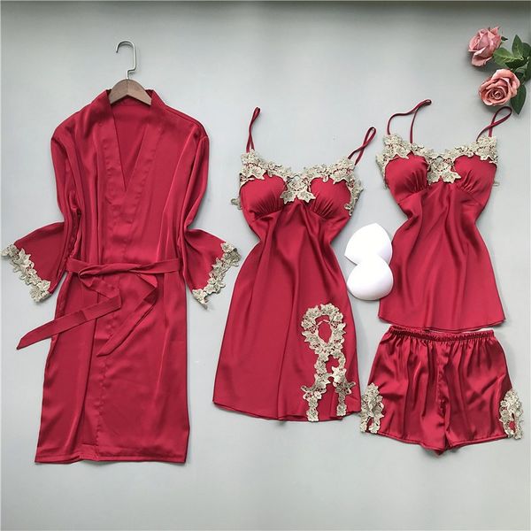 lace patchwork sleepwear satin women pajamas set 4pcs sleep set 2021 new nightwear kimono bathrobe gown soft pyjamas, Black;red
lace patchwork sleepwear satin women pajamas set 4pcs sleep set 2021 new nightwear kimono bathrobe gown soft pyjamas, Black;red