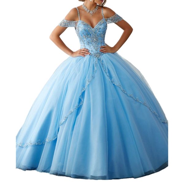 2022 light sky blue sweetheart quinceanera dresses ball gown crystals tulle beading slit front vestido 15 spaghetti straps sweet 16 old year, Blue;red
2022 light sky blue sweetheart quinceanera dresses ball gown crystals tulle beading slit front vestido 15 spaghetti straps sweet 16 old year, Blue;red