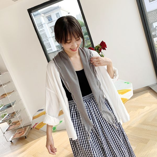ins summer new japanese and brand sweet small fresh pearl bound cotton hemp scarf women long versatile plain shawl klwe, Blue;gray
ins summer new japanese and brand sweet small fresh pearl bound cotton hemp scarf women long versatile plain shawl klwe, Blue;gray