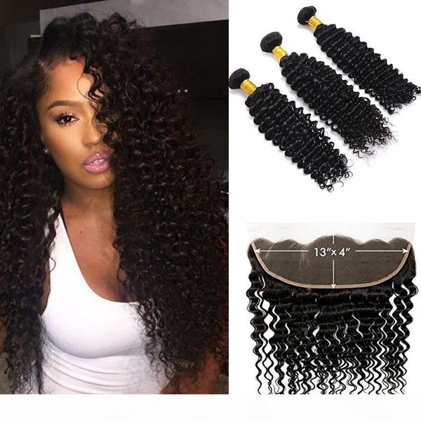 ear to ear 13x4 lace frontal closures with 3 bundles brazilian peruvian indian malaysian deep wave curly virgin human hair weaves 8a grade, Black;brown