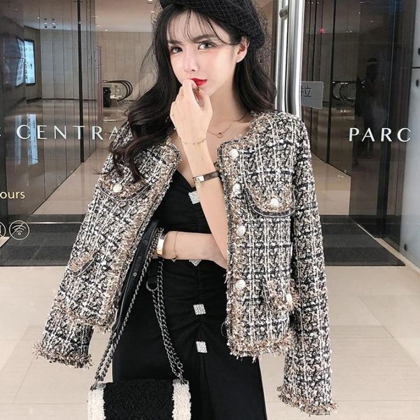 2021 autumn winter women small fragrance vintage plaid tweed jacket coat korean elegant long sleeve slim short outerwear, Black;brown
2021 autumn winter women small fragrance vintage plaid tweed jacket coat korean elegant long sleeve slim short outerwear, Black;brown