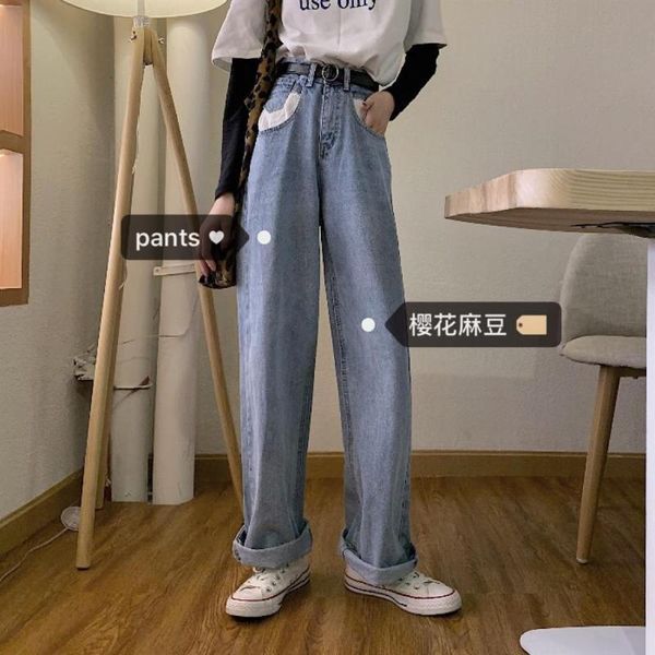 spring and autumn student chic high waist straight wide-legged pants retro loose jeans for women, Blue 
spring and autumn student chic high waist straight wide-legged pants retro loose jeans for women, Blue