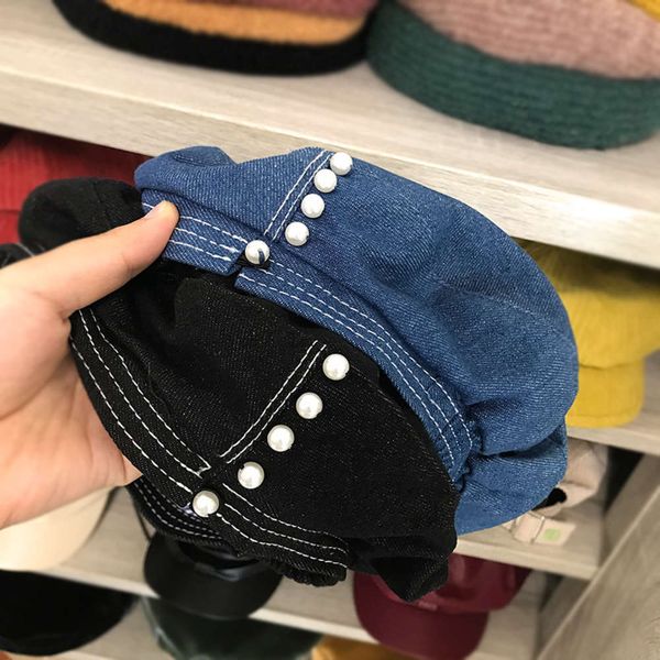 autumn and winter new handmade pearl denim flat beret women's art elegant versatile painter trendy bud hat, Blue;gray
autumn and winter new handmade pearl denim flat beret women's art elegant versatile painter trendy bud hat, Blue;gray